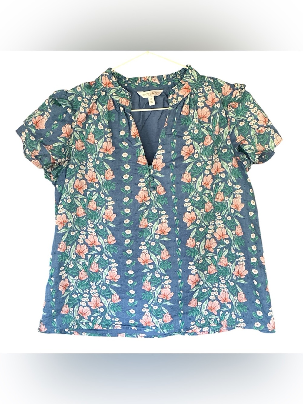crown & ivy Navy Floral Split-Neck Blouse with Pink Flowers